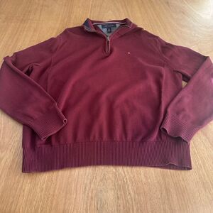 Men’s Tommy Hilfiger Burgundy Quarter Zip Cotton Sweater XL Logo